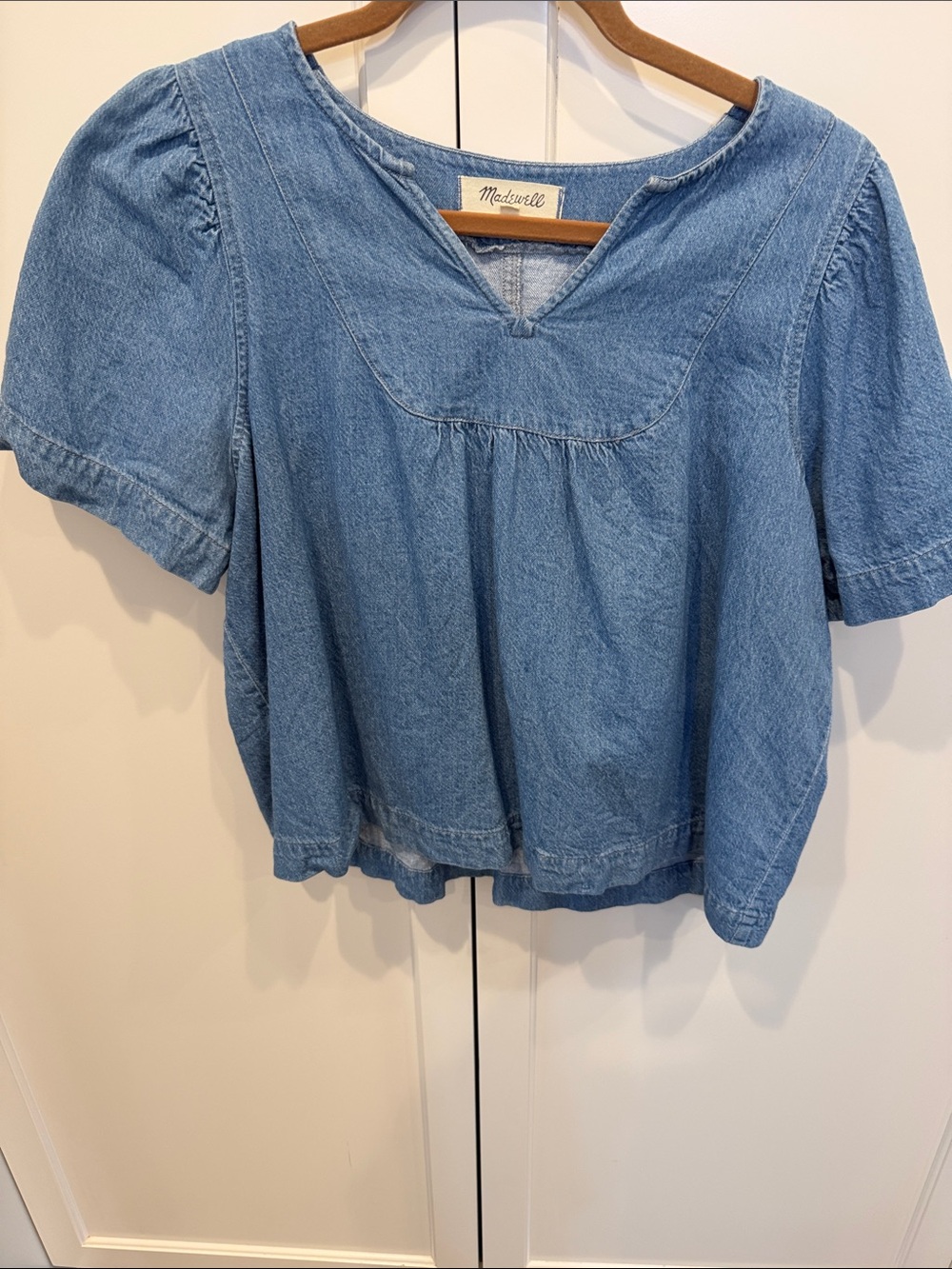 Madewell Light Blue Denim V-Notch Peasant Blouse
